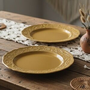 Canonsburg Regency Golden Ironstone Dinner Plates, Set of 2, Vintage USA Pottery